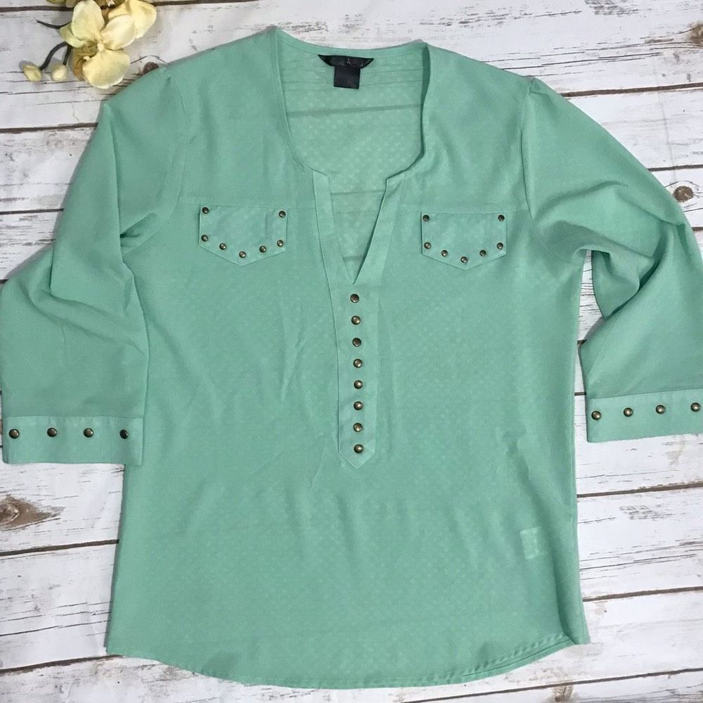 Womens Wrangler‎ Rock 47 3/4 Sleeve V Neck Green Studded Blouse Size L - Picture 9 of 13